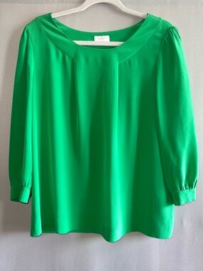Kate Spade New York 100% Silk Green Blouse | 3/4 Sleeve Pleated Neck Top Size L